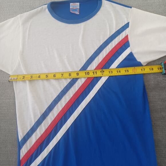 Vintage 70s T Shirt Mens S Blue Perma Prest Sears Varsity Race Stripe Ringer - Picture 4 of 8